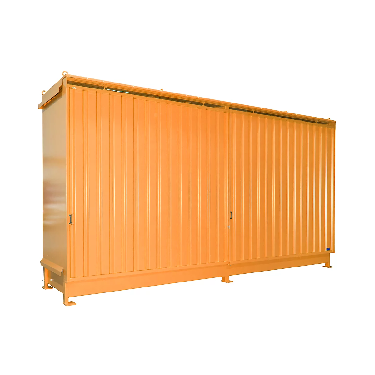 Contenedor de estantes Bauer tipo CEN 59-2 IBC, 2 niveles de estantes, puerta corredera, 2000 l, ancho 6255 x fondo 1550 x alto 3450 mm, amarillo-naranja RAL 2000